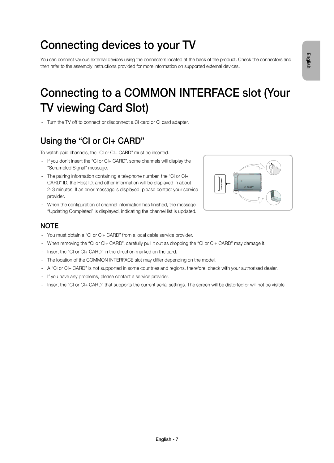 Samsung UE58H5204AKXXE manual Connecting devices to your TV, Using the CI or CI+ Card 