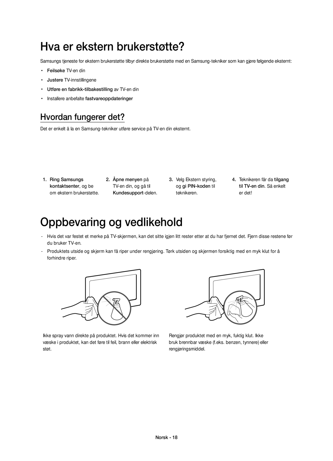 Samsung UE58H5204AKXXE manual Hva er ekstern brukerstøtte?, Oppbevaring og vedlikehold 