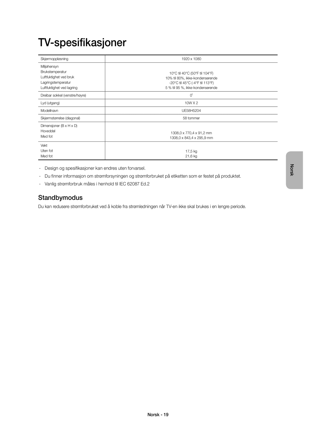 Samsung UE58H5204AKXXE manual TV-spesifikasjoner, Standbymodus 