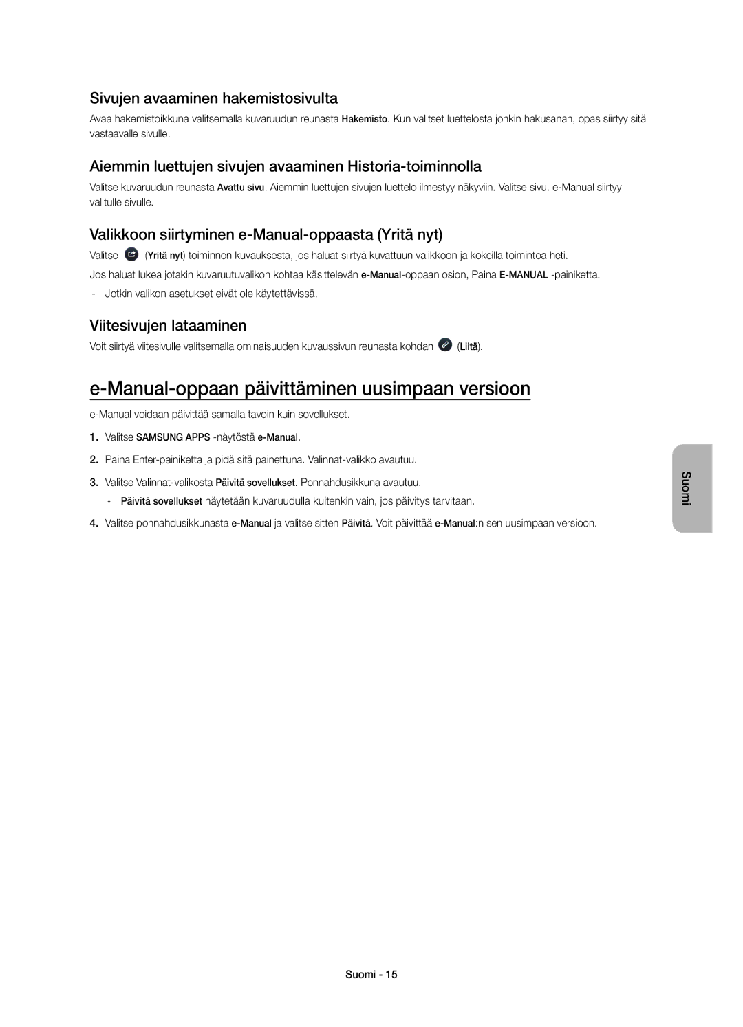 Samsung UE58H5204AKXXE manual Manual-oppaan päivittäminen uusimpaan versioon, Sivujen avaaminen hakemistosivulta 