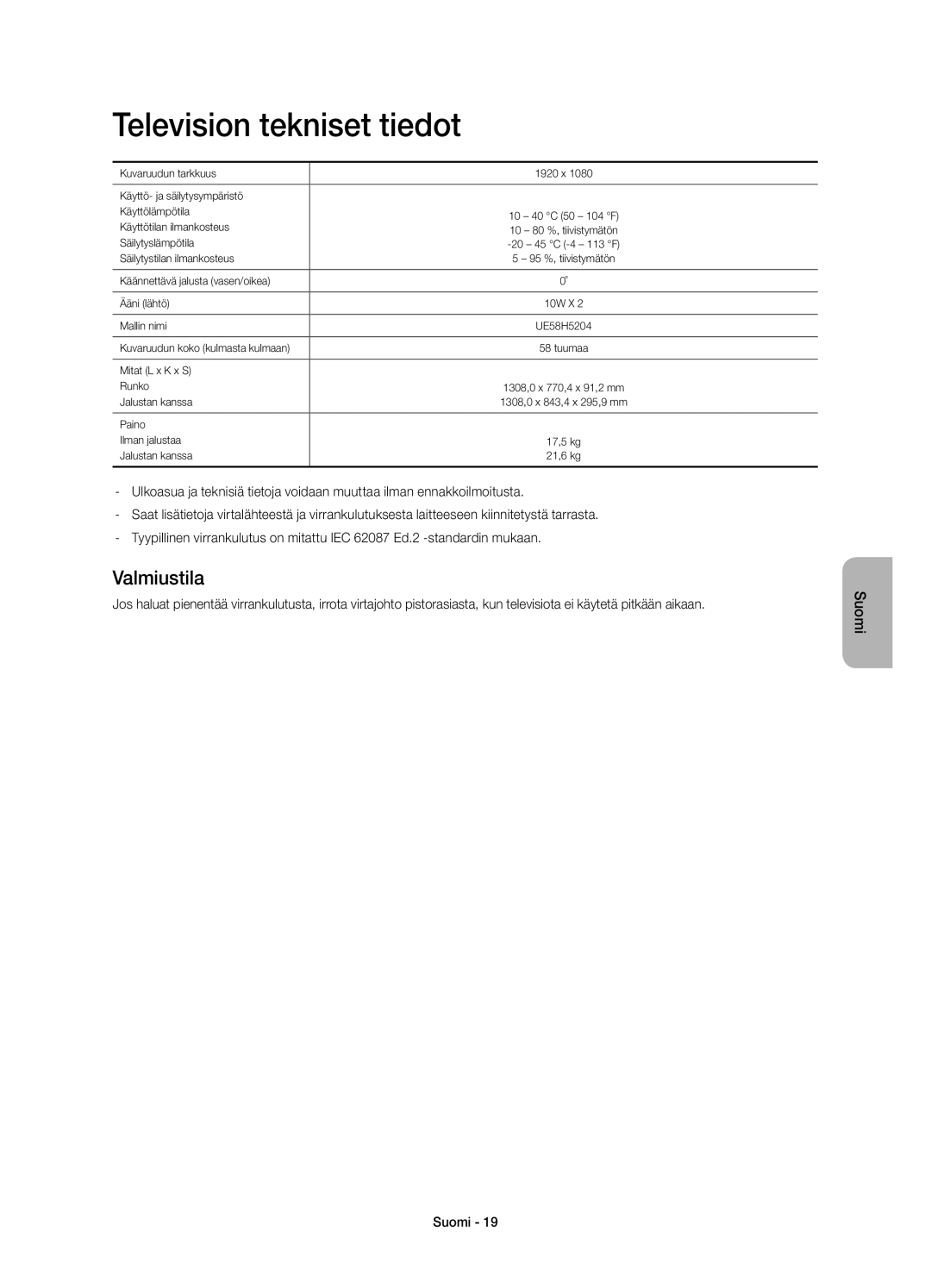 Samsung UE58H5204AKXXE manual Television tekniset tiedot, Valmiustila 