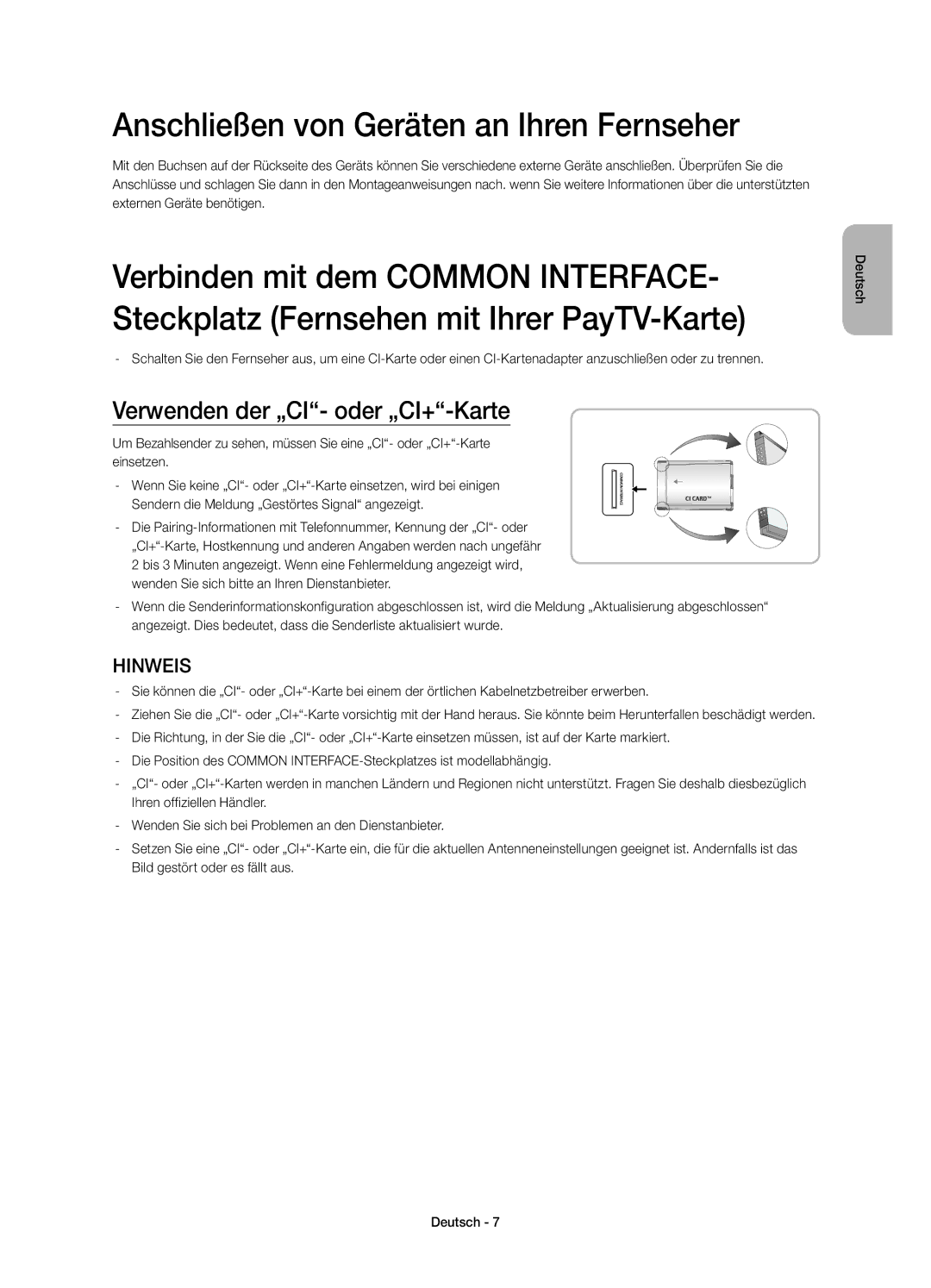 Samsung UE58H5273SSXZG manual Anschließen von Geräten an Ihren Fernseher, Verwenden der „CI- oder „CI+-Karte 