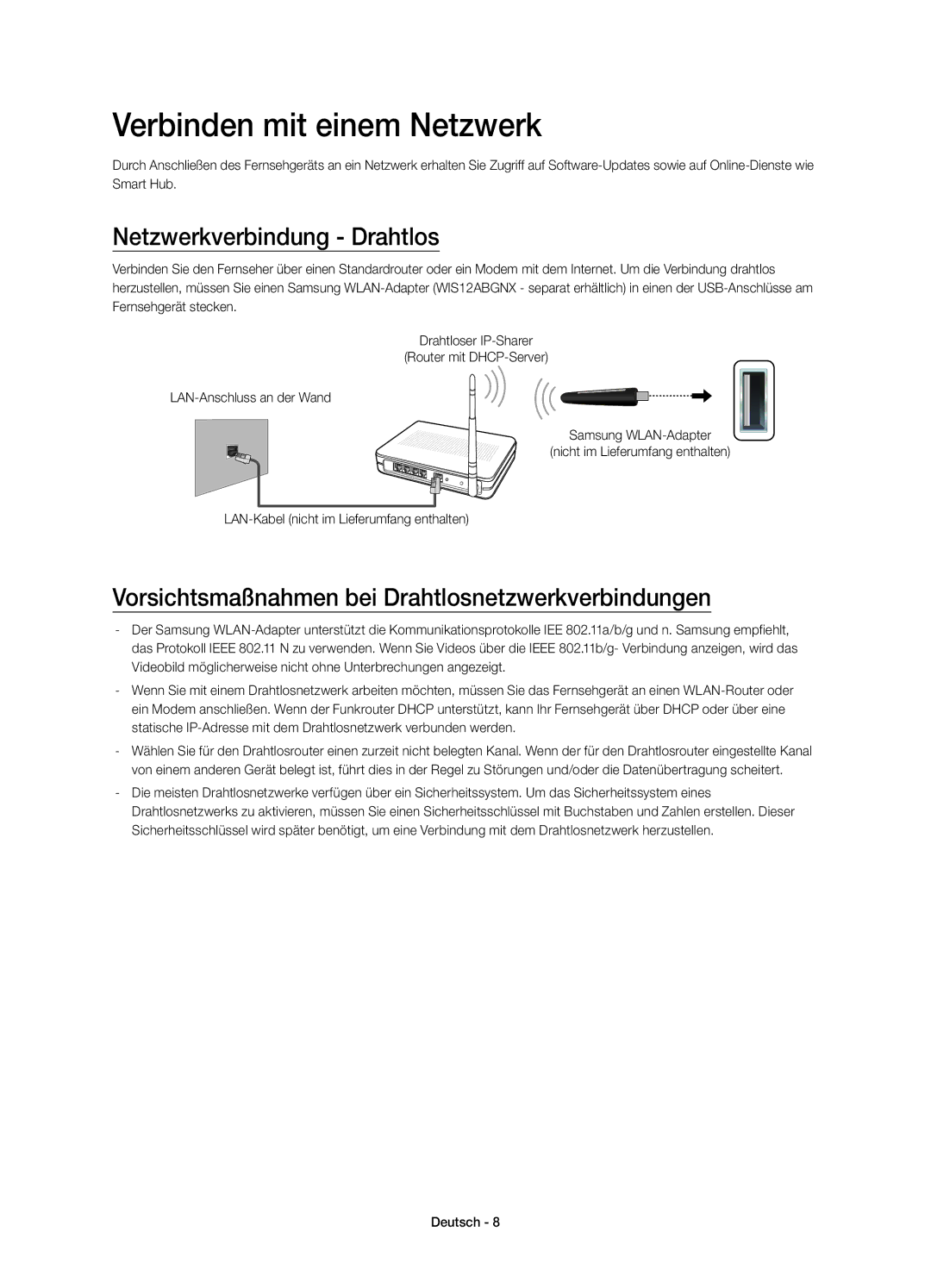 Samsung UE58H5273SSXZG manual Verbinden mit einem Netzwerk, Netzwerkverbindung Drahtlos 