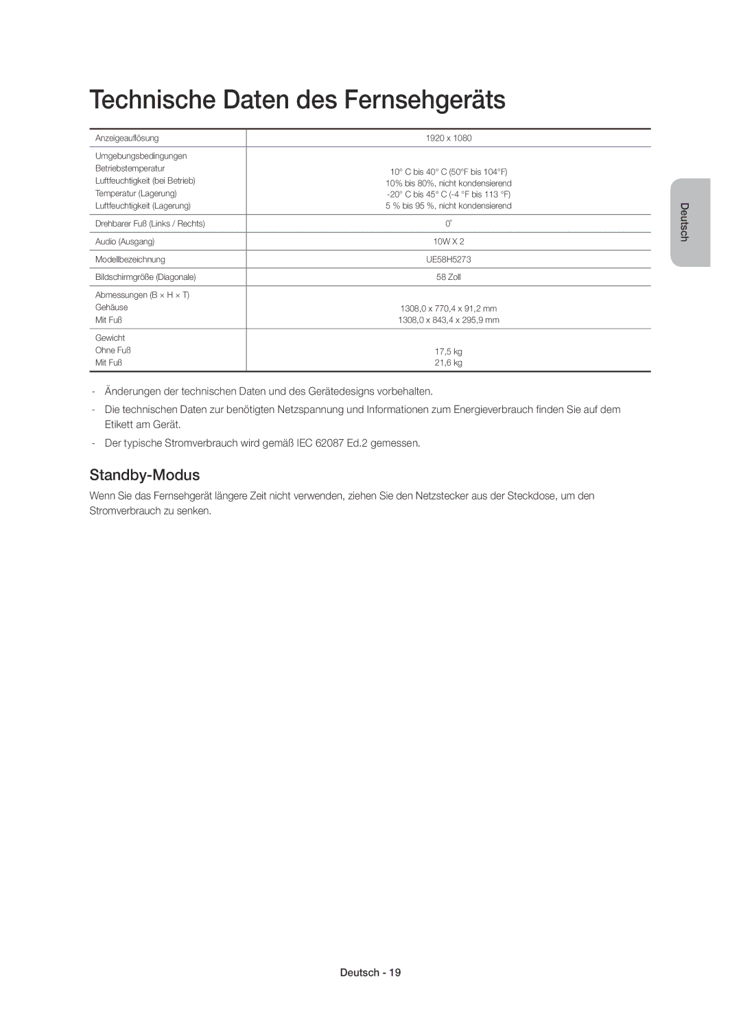 Samsung UE58H5273SSXZG manual Technische Daten des Fernsehgeräts, Standby-Modus 