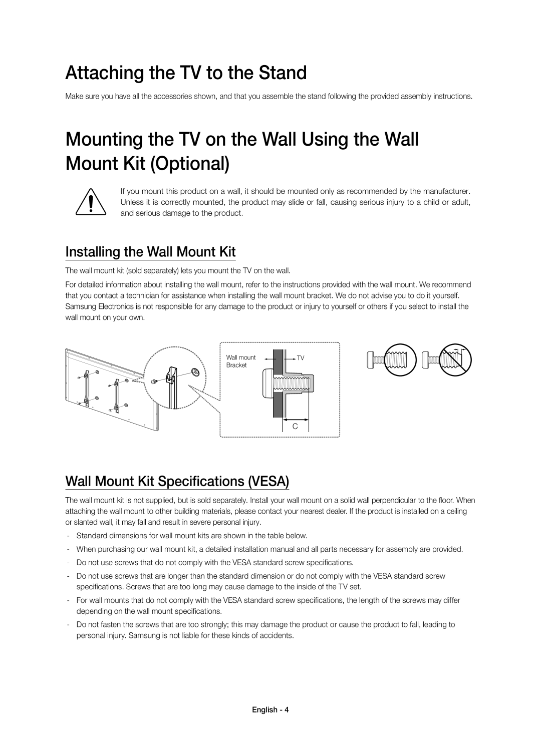 Samsung UE58H5273SSXZG Attaching the TV to the Stand, Installing the Wall Mount Kit, Wall Mount Kit Specifications Vesa 