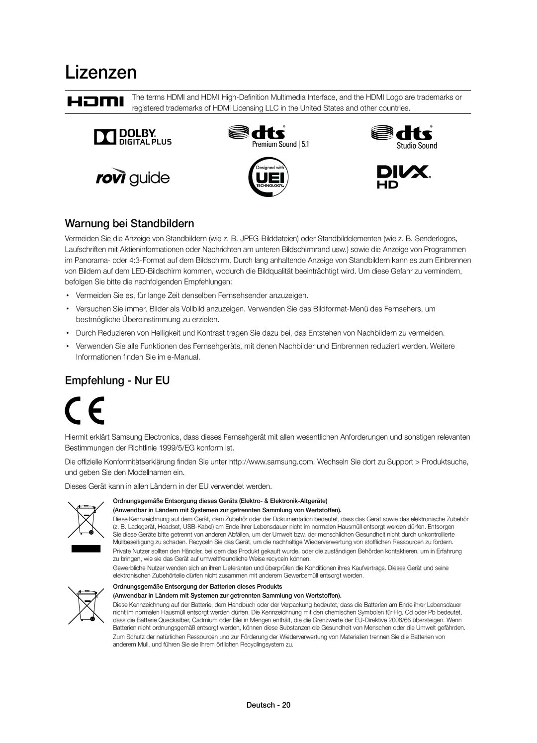 Samsung UE58H5273SSXZG manual Lizenzen, Warnung bei Standbildern, Empfehlung Nur EU 