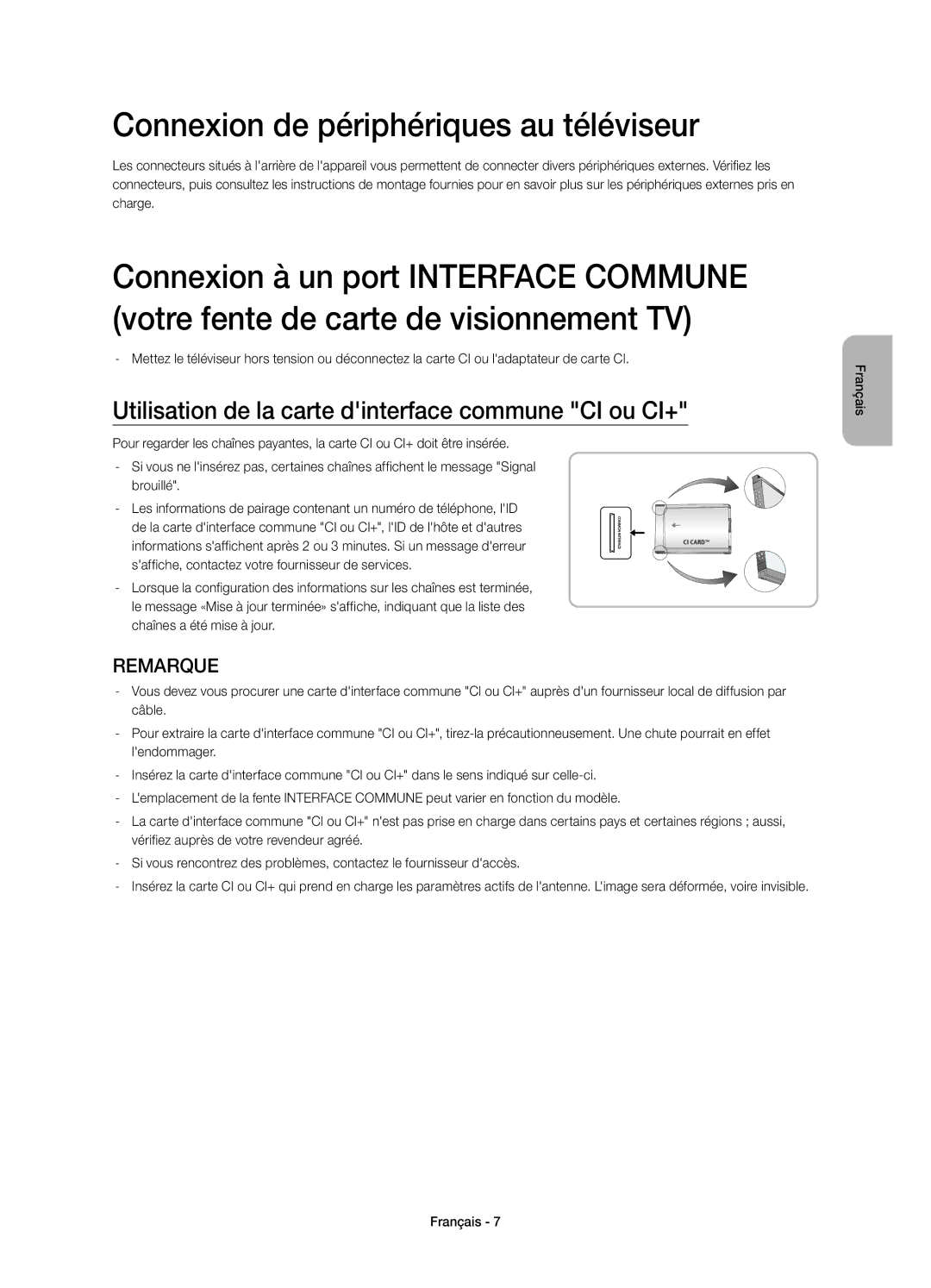 Samsung UE58H5273SSXZG Connexion de périphériques au téléviseur, Utilisation de la carte dinterface commune CI ou CI+ 