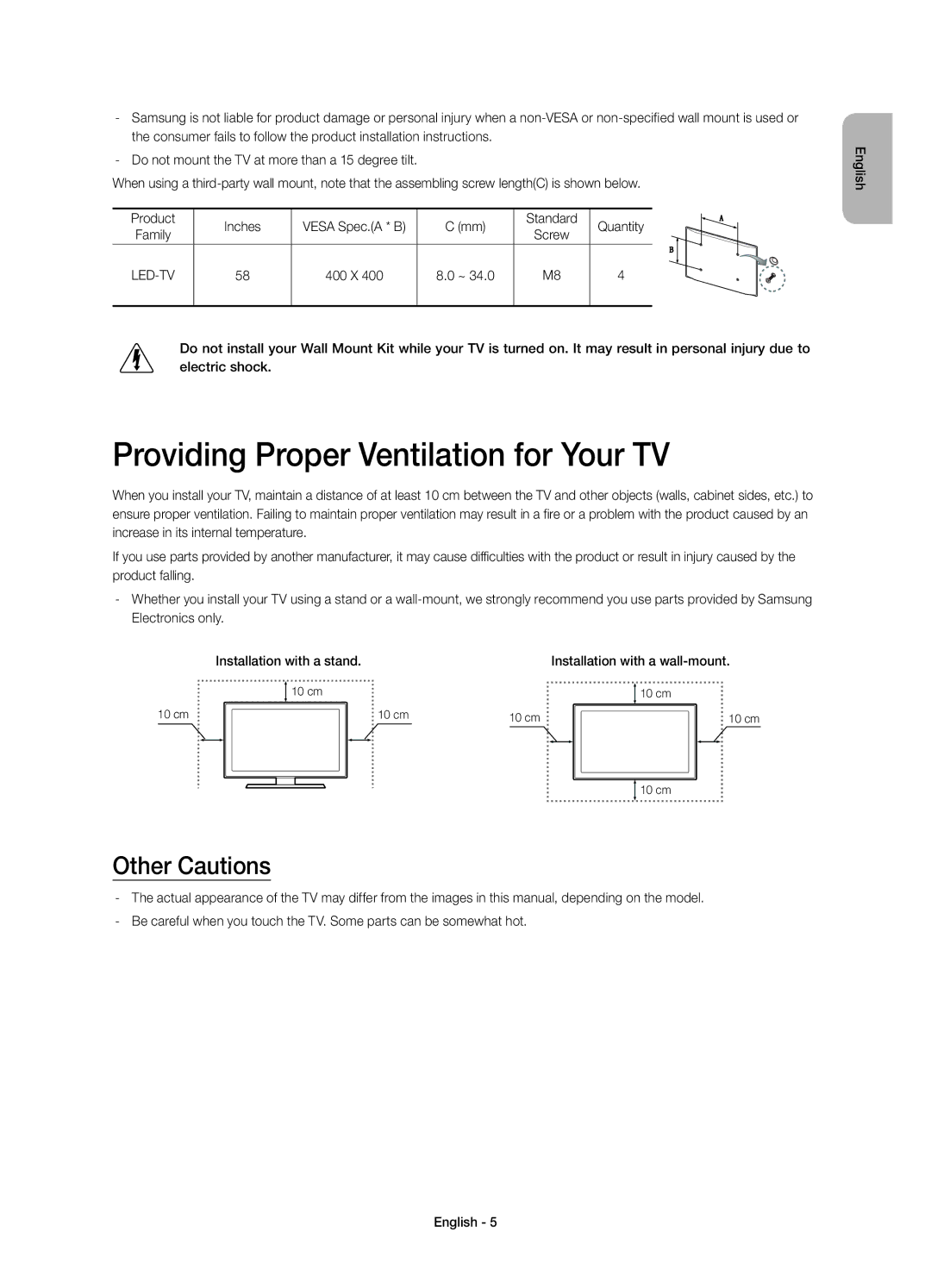 Samsung UE58H5273SSXZG manual Providing Proper Ventilation for Your TV, Other Cautions 