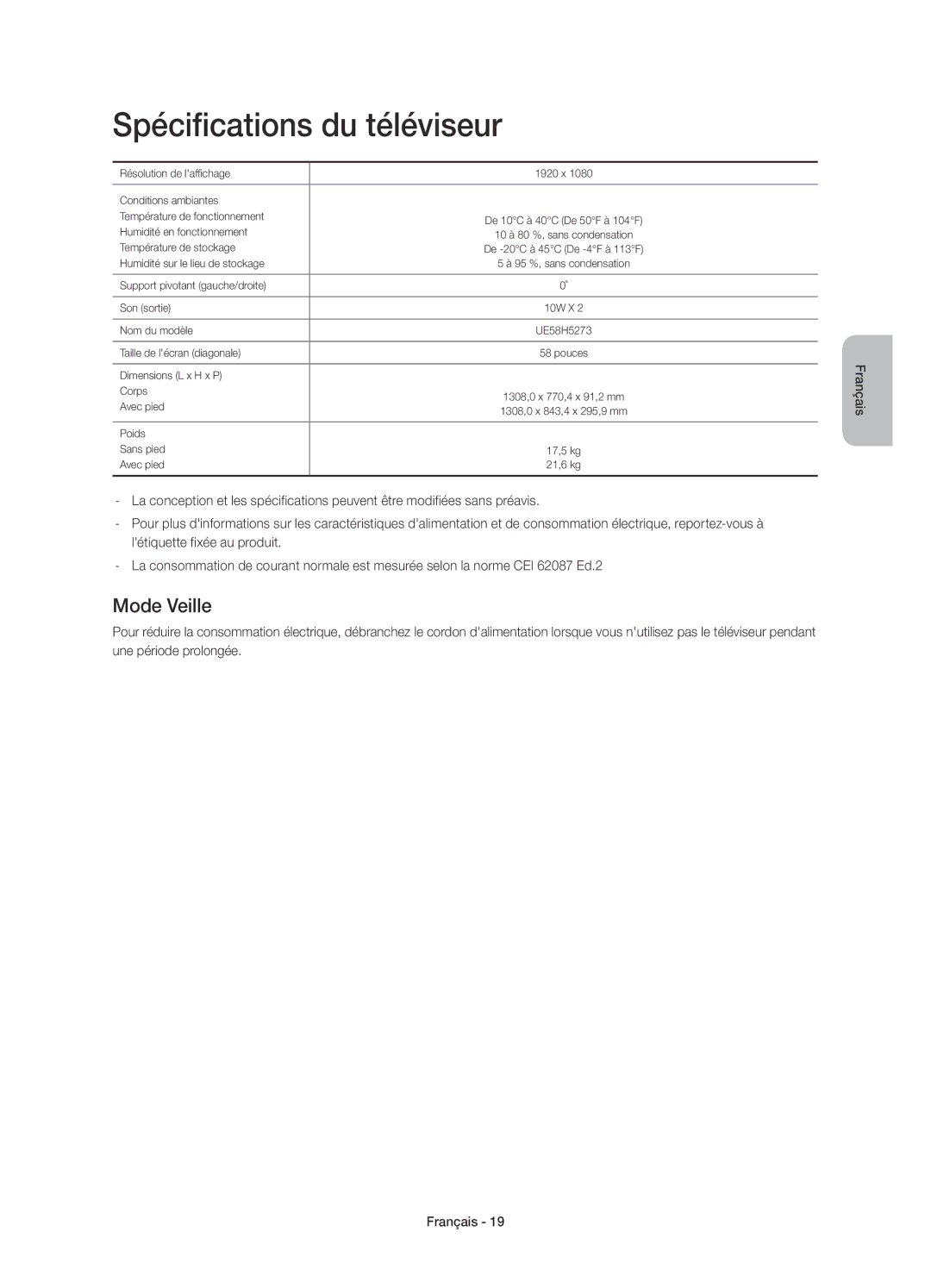 Samsung UE58H5273SSXZG manual Spécifications du téléviseur, Mode Veille 