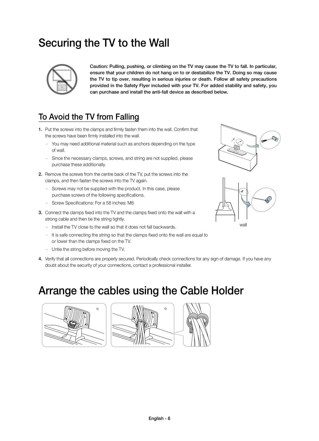 Samsung UE58H5273SSXZG manual Securing the TV to the Wall, Arrange the cables using the Cable Holder 