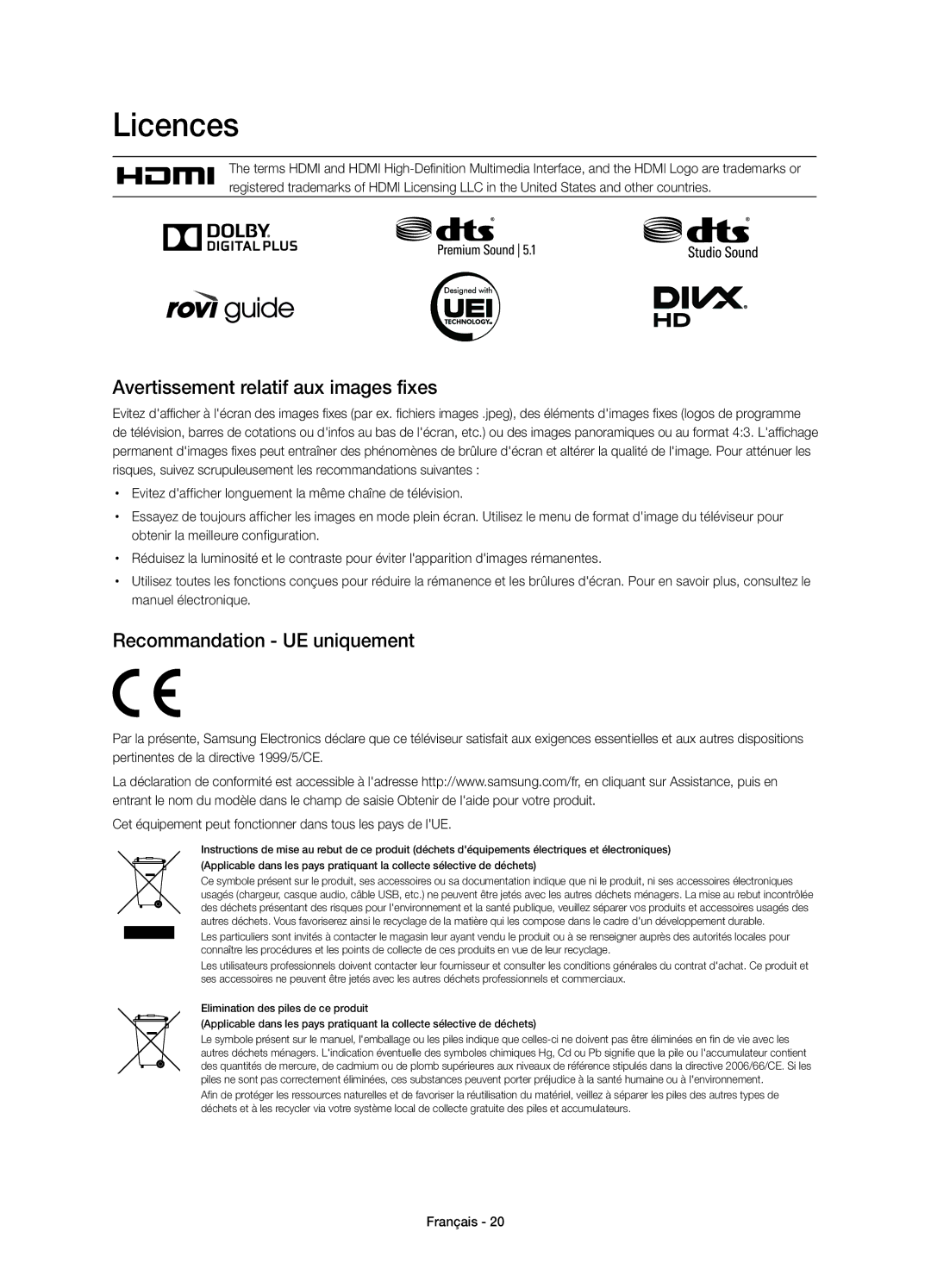 Samsung UE58H5273SSXZG manual Avertissement relatif aux images fixes, Recommandation UE uniquement 