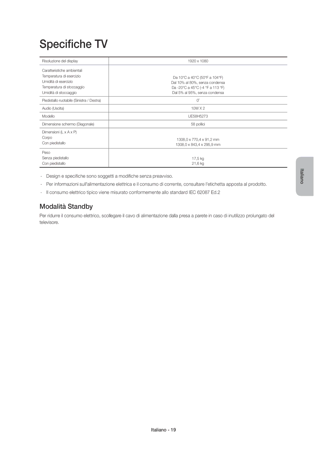 Samsung UE58H5273SSXZG manual Specifiche TV, Modalità Standby 