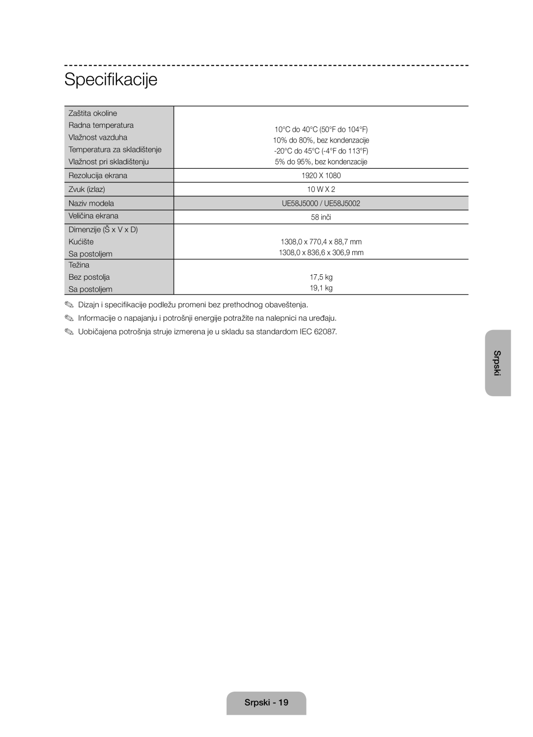 Samsung UE58J5002AKXXH Zaštita okoline Radna temperatura, Vlažnost vazduha, Temperatura za skladištenje, Rezolucija ekrana 