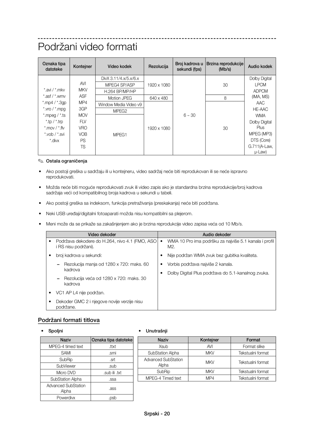 Samsung UE58J5000AWXXH, UE58J5000AWXZF, UE58J5002AKXXH manual Podržani video formati, Podržani formati titlova 