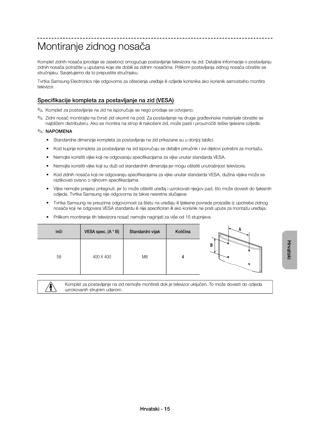 Samsung UE58J5002AKXXH, UE58J5000AWXXH manual Montiranje zidnog nosača, Specifikacije kompleta za postavljanje na zid Vesa 