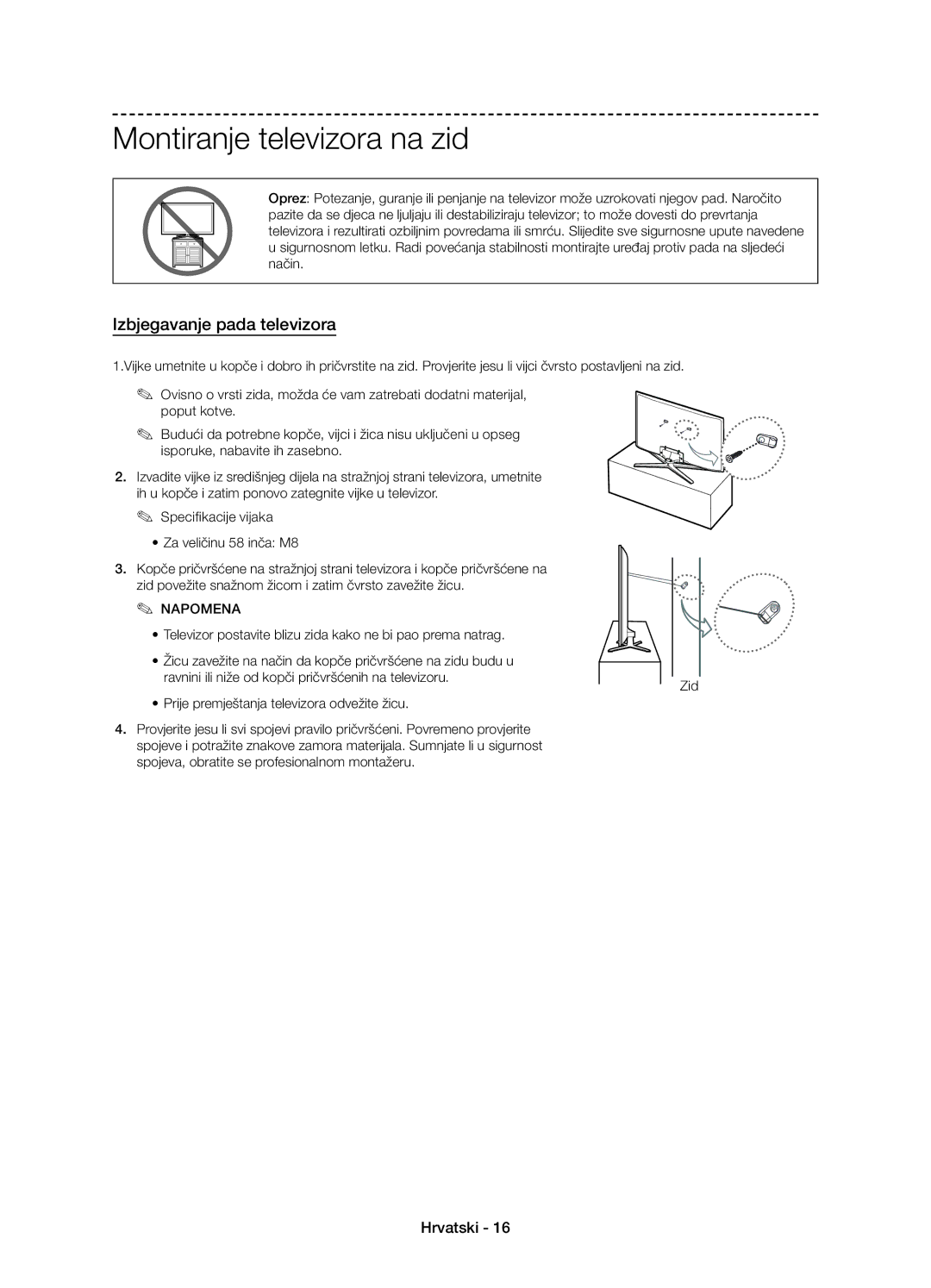 Samsung UE58J5000AWXXH, UE58J5000AWXZF, UE58J5002AKXXH manual Montiranje televizora na zid, Izbjegavanje pada televizora 