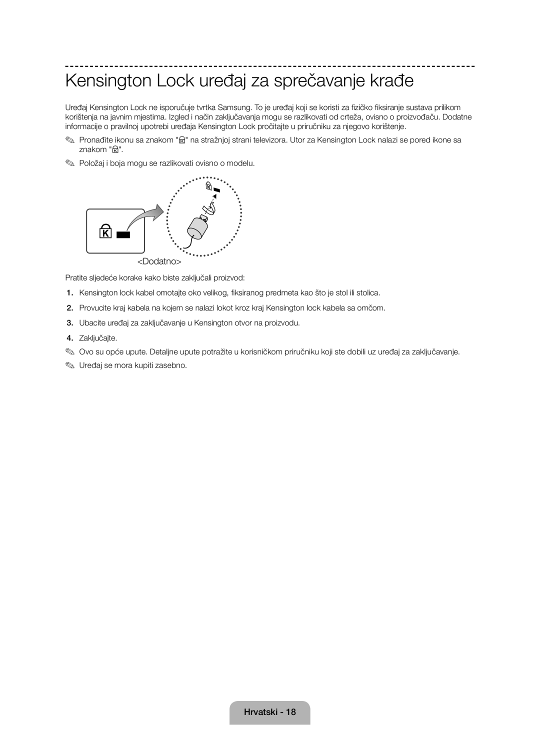 Samsung UE58J5002AKXXH, UE58J5000AWXXH, UE58J5000AWXZF manual Kensington Lock uređaj za sprečavanje krađe, Dodatno 