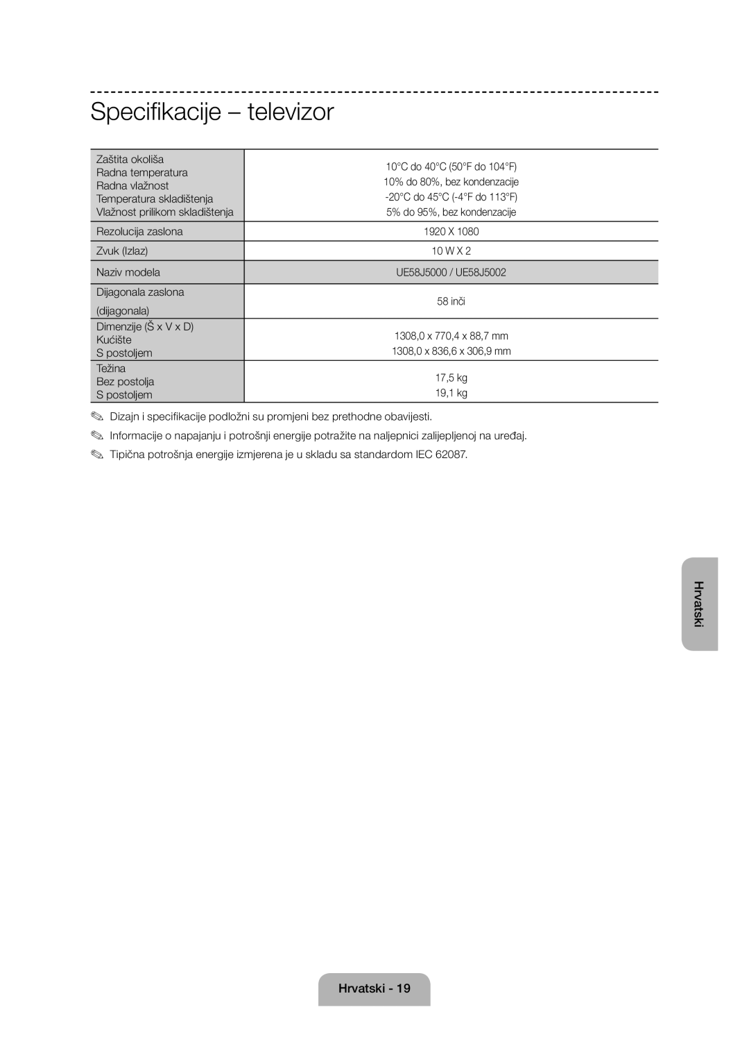 Samsung UE58J5000AWXXH, UE58J5000AWXZF, UE58J5002AKXXH manual Specifikacije televizor 