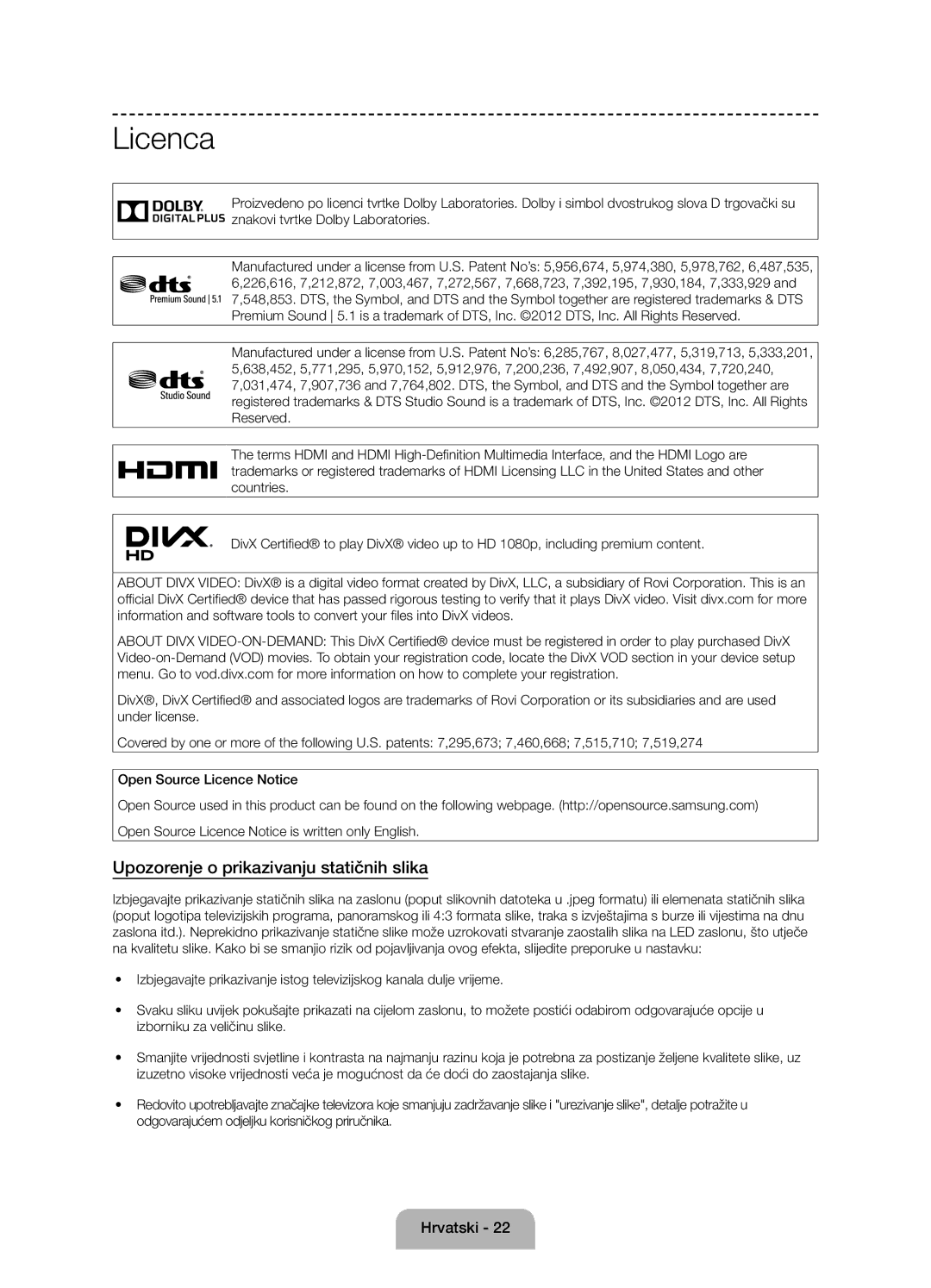 Samsung UE58J5000AWXXH, UE58J5000AWXZF, UE58J5002AKXXH manual Licenca, Upozorenje o prikazivanju statičnih slika 