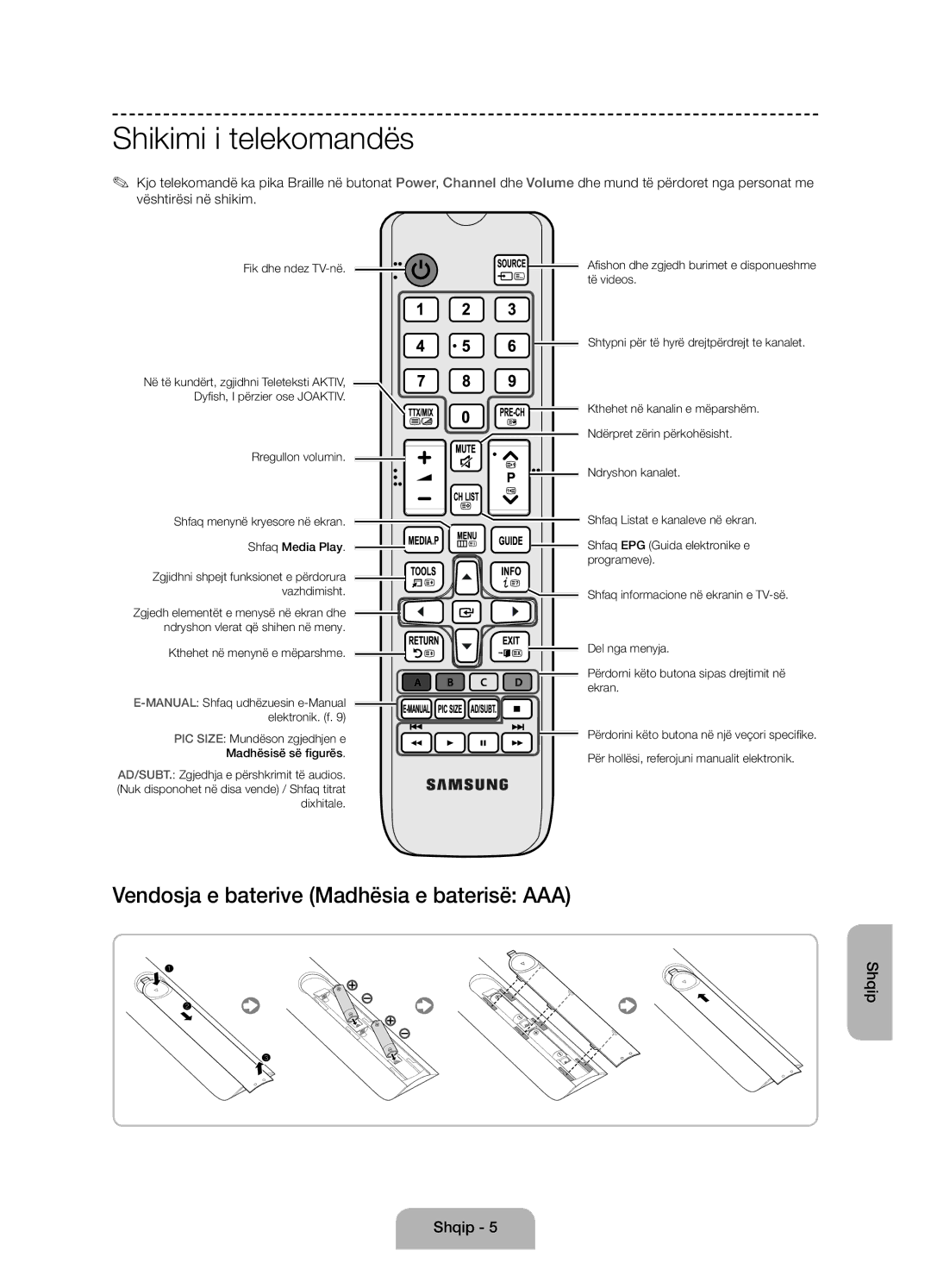 Samsung UE58J5000AWXXH, UE58J5000AWXZF Shikimi i telekomandës, Fik dhe ndez TV-në, Rregullon volumin, Shfaq Media Play 