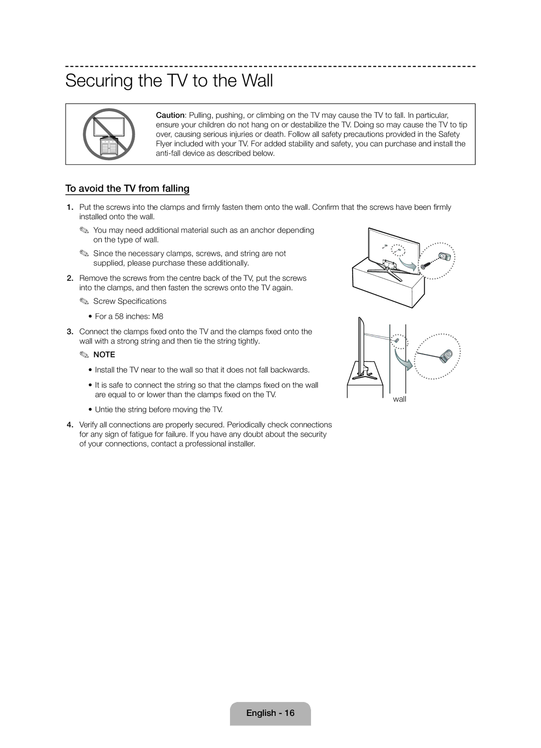 Samsung UE58J5000AWXZF, UE58J5000AWXXH, UE58J5002AKXXH manual Securing the TV to the Wall, To avoid the TV from falling 