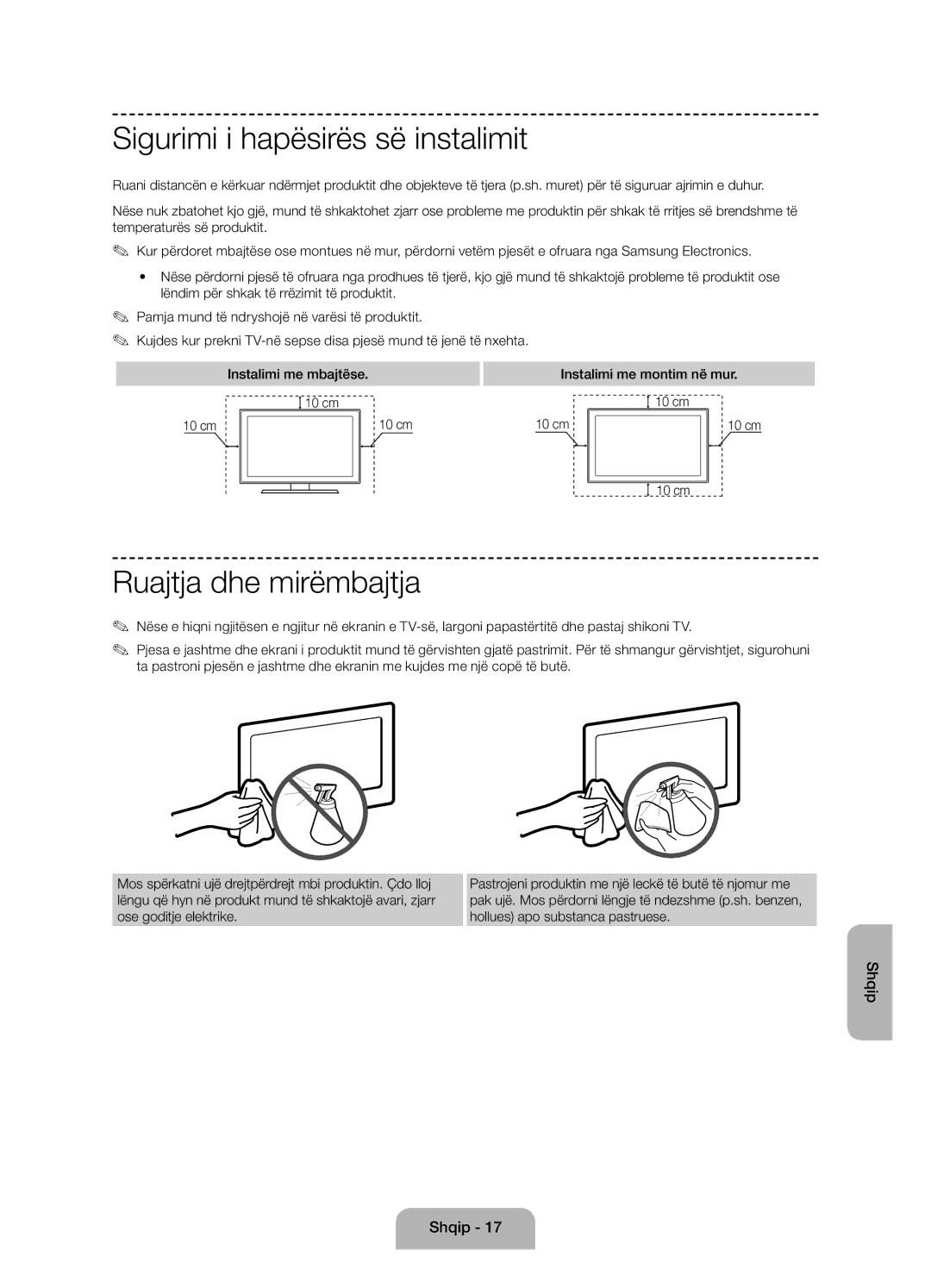 Samsung UE58J5000AWXXH manual Sigurimi i hapësirës së instalimit, Ruajtja dhe mirëmbajtja, Instalimi me montim në mur 10 cm 