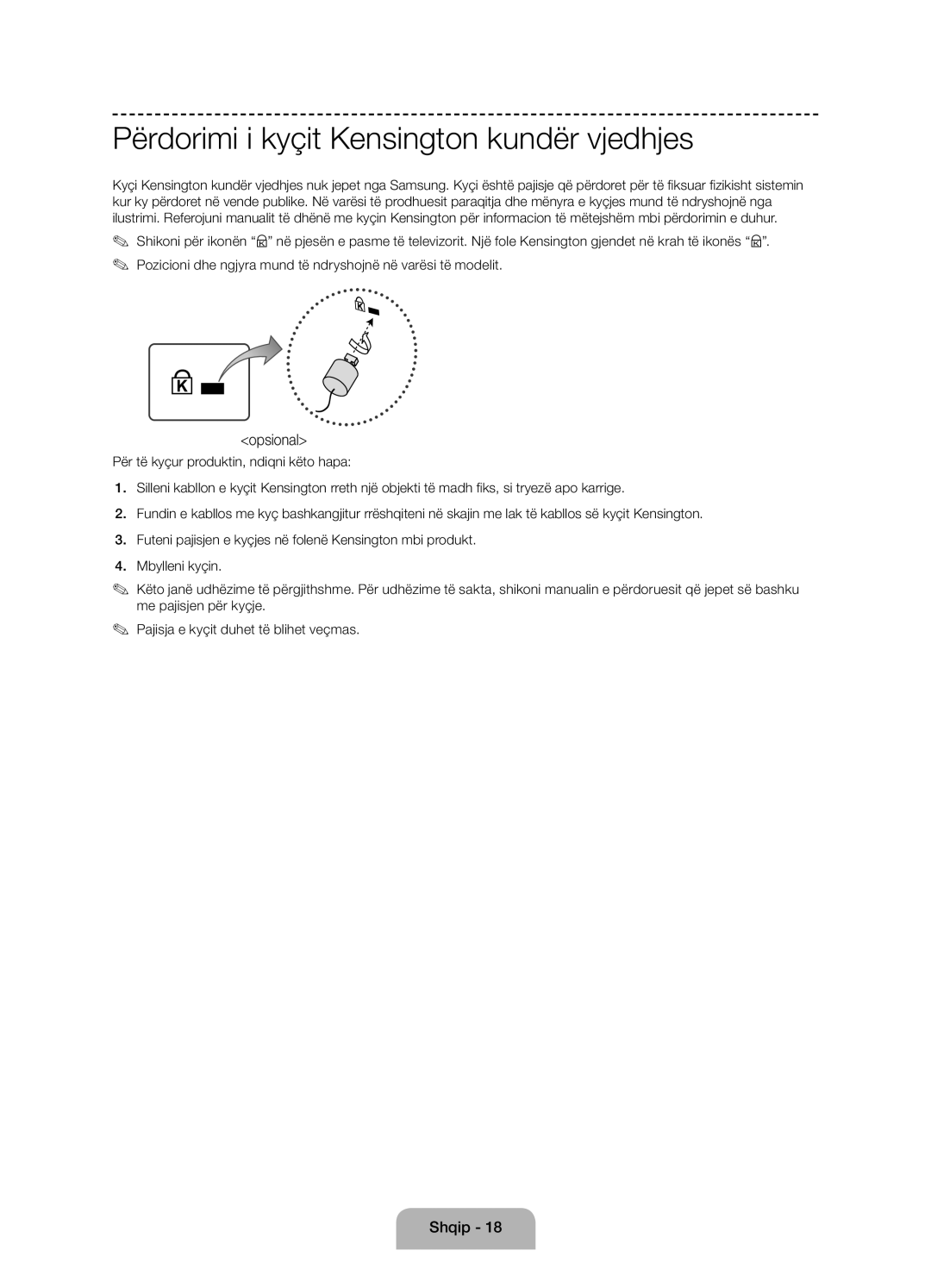 Samsung UE58J5000AWXZF, UE58J5000AWXXH, UE58J5002AKXXH manual Përdorimi i kyçit Kensington kundër vjedhjes, Opsional 