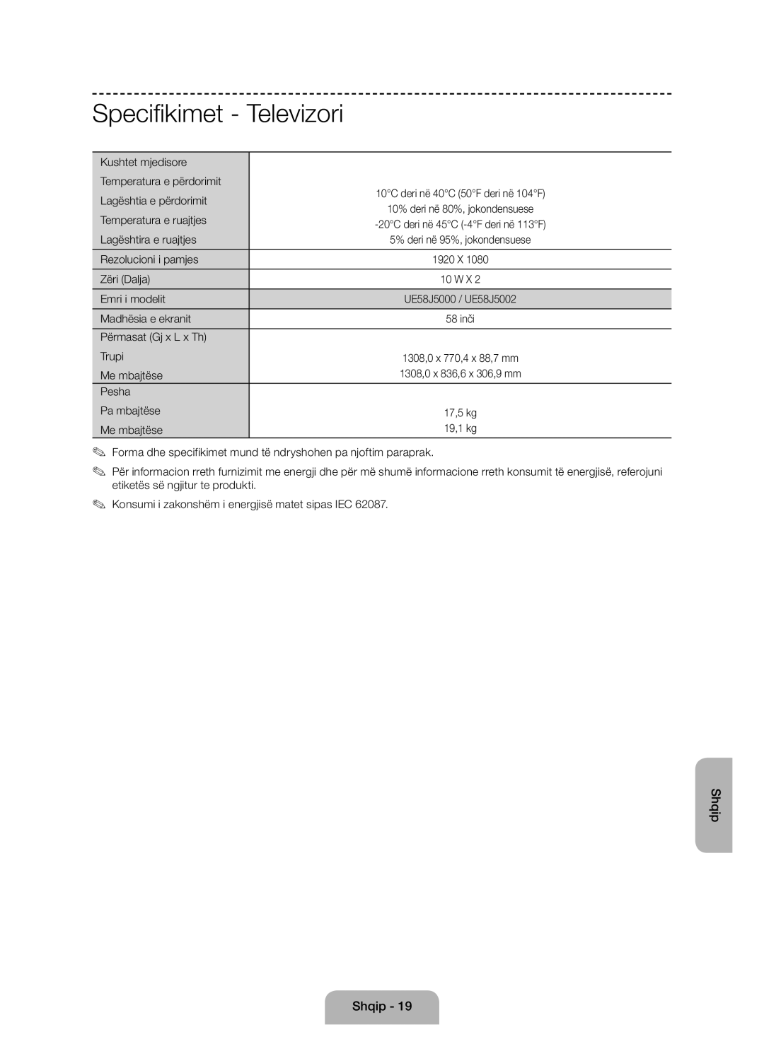 Samsung UE58J5002AKXXH, UE58J5000AWXXH, UE58J5000AWXZF manual Specifikimet Televizori 