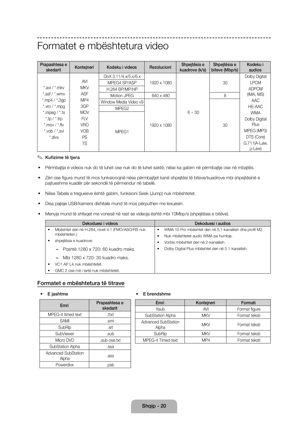 Samsung UE58J5000AWXXH, UE58J5000AWXZF, UE58J5002AKXXH manual Formatet e mbështetura video, Formatet e mbështetura të titrave 