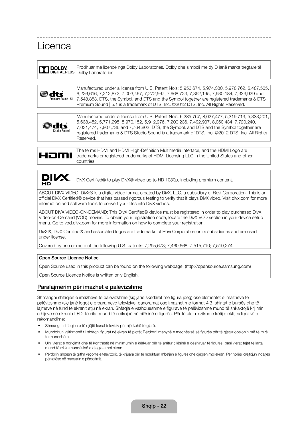 Samsung UE58J5002AKXXH, UE58J5000AWXXH, UE58J5000AWXZF manual Licenca, Paralajmërim për imazhet e palëvizshme 