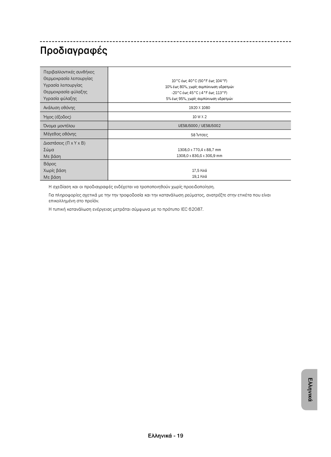 Samsung UE58J5000AWXXH, UE58J5000AWXZF, UE58J5002AKXXH manual Προδιαγραφές 