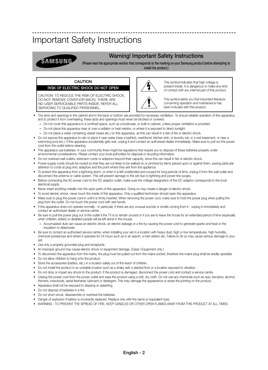 Samsung UE58J5002AKXXH, UE58J5000AWXXH, UE58J5000AWXZF manual Important Safety Instructions, English 