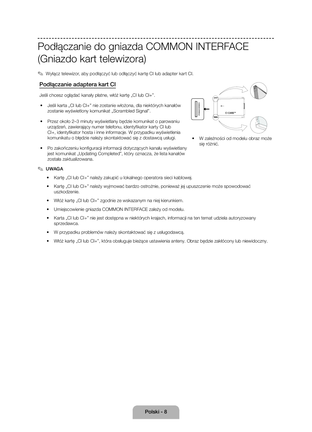 Samsung UE58J5000AWXXH, UE58J5000AWXZF, UE58J5002AKXXH manual Podłączanie adaptera kart CI, Uwaga 