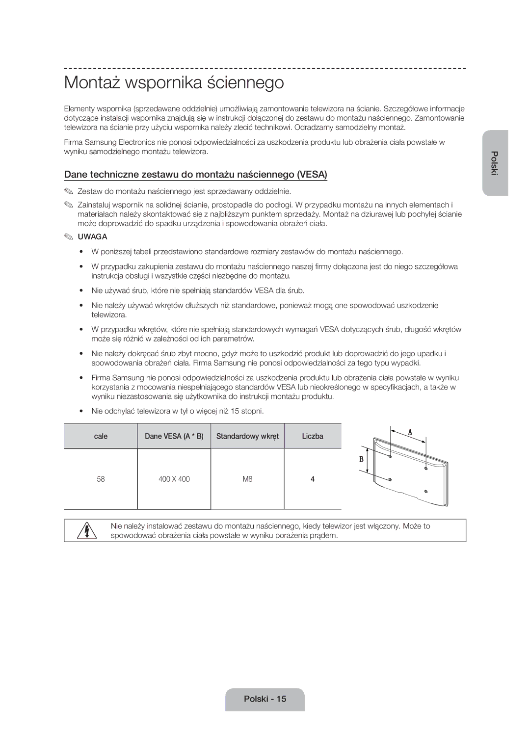 Samsung UE58J5000AWXZF manual Montaż wspornika ściennego, Dane techniczne zestawu do montażu naściennego Vesa, Liczba 