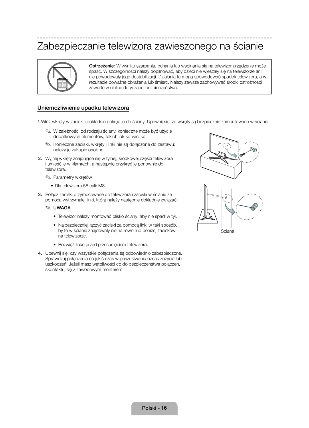 Samsung UE58J5002AKXXH manual Zabezpieczanie telewizora zawieszonego na ścianie, Uniemożliwienie upadku telewizora 