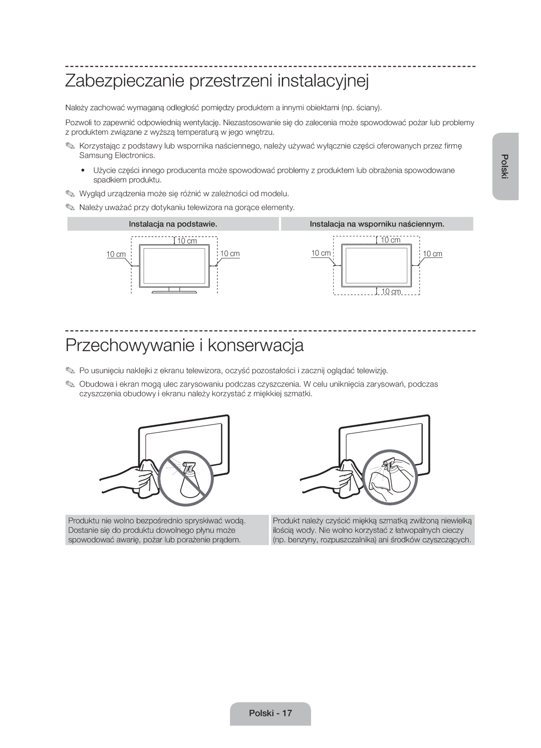 Samsung UE58J5000AWXXH, UE58J5000AWXZF manual Zabezpieczanie przestrzeni instalacyjnej, Przechowywanie i konserwacja 