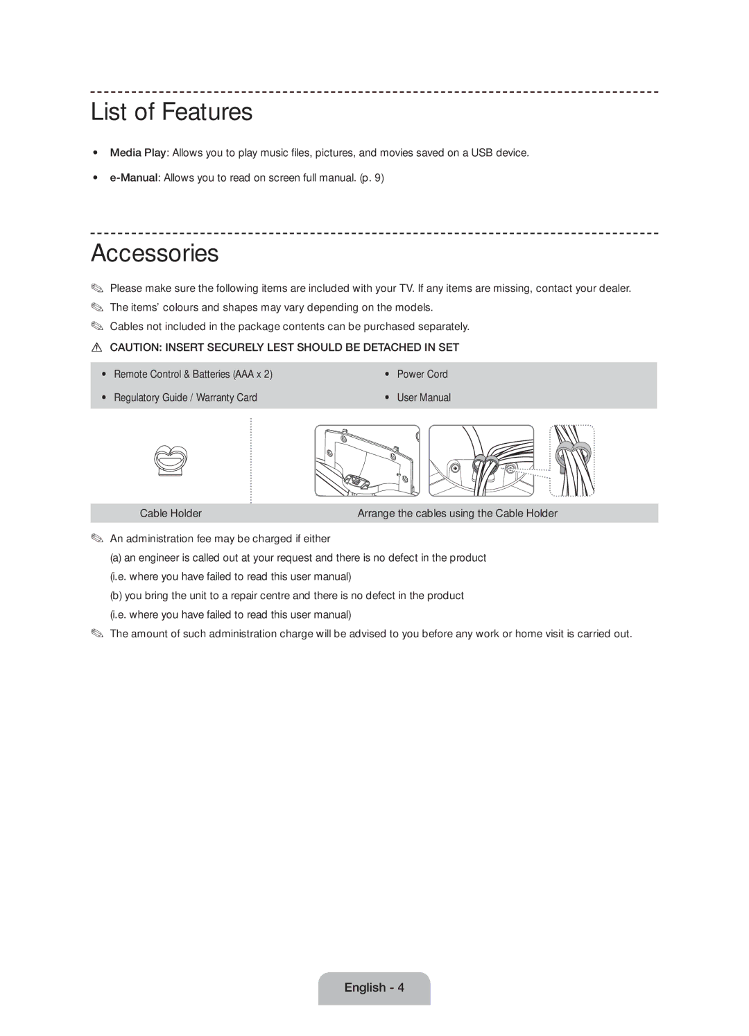 Samsung UE58J5000AWXZF, UE58J5000AWXXH List of Features, Accessories, Manual Allows you to read on screen full manual. p 