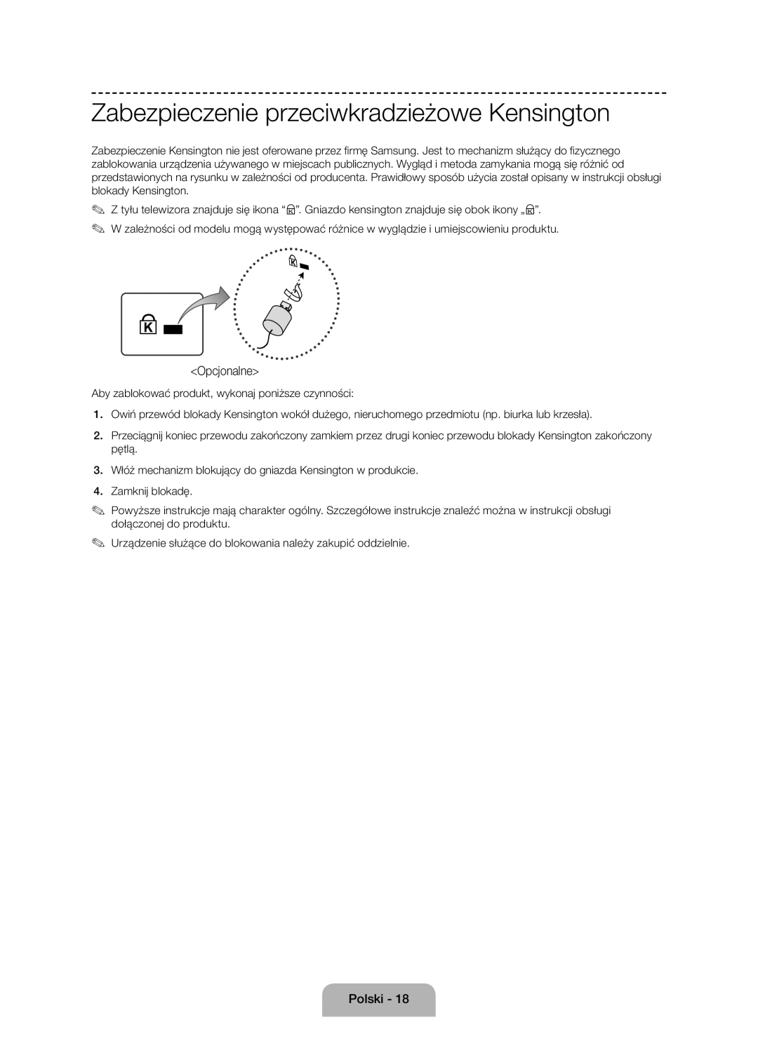 Samsung UE58J5000AWXZF, UE58J5000AWXXH, UE58J5002AKXXH manual Zabezpieczenie przeciwkradzieżowe Kensington, Opcjonalne 