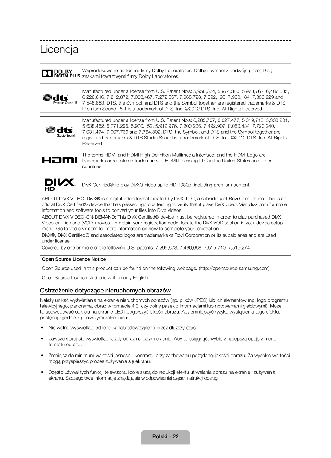 Samsung UE58J5002AKXXH, UE58J5000AWXXH, UE58J5000AWXZF manual Licencja, Ostrzeżenie dotyczące nieruchomych obrazów 