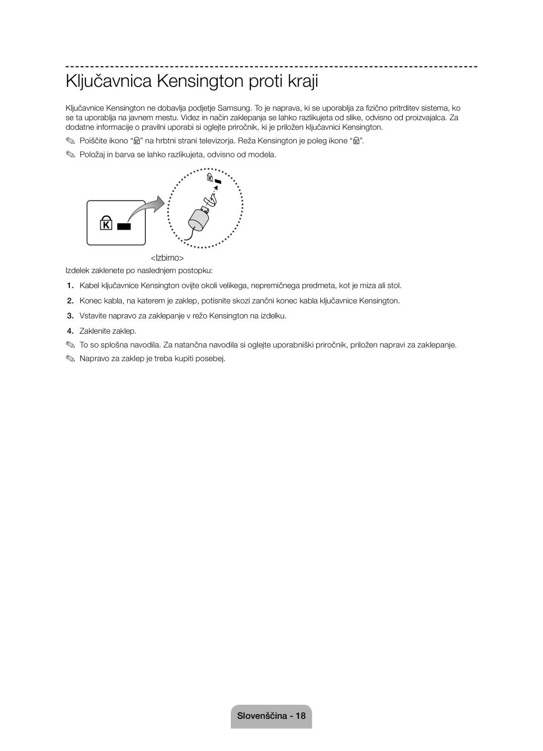 Samsung UE58J5002AKXXH, UE58J5000AWXXH, UE58J5000AWXZF manual Ključavnica Kensington proti kraji, Izbirno 