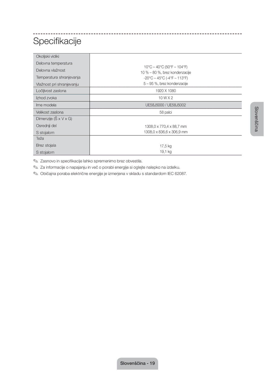 Samsung UE58J5000AWXXH, UE58J5000AWXZF, UE58J5002AKXXH manual Specifikacije 