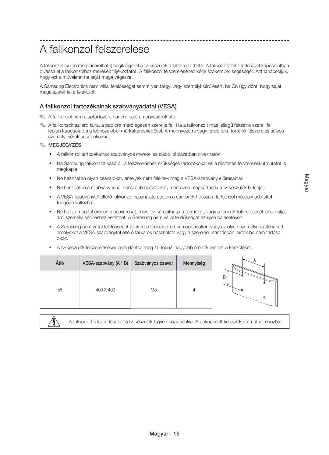 Samsung UE58J5000AWXXH, UE58J5000AWXZF Falikonzol felszerelése, Falikonzol tartozékainak szabványadatai Vesa, Mennyiség 