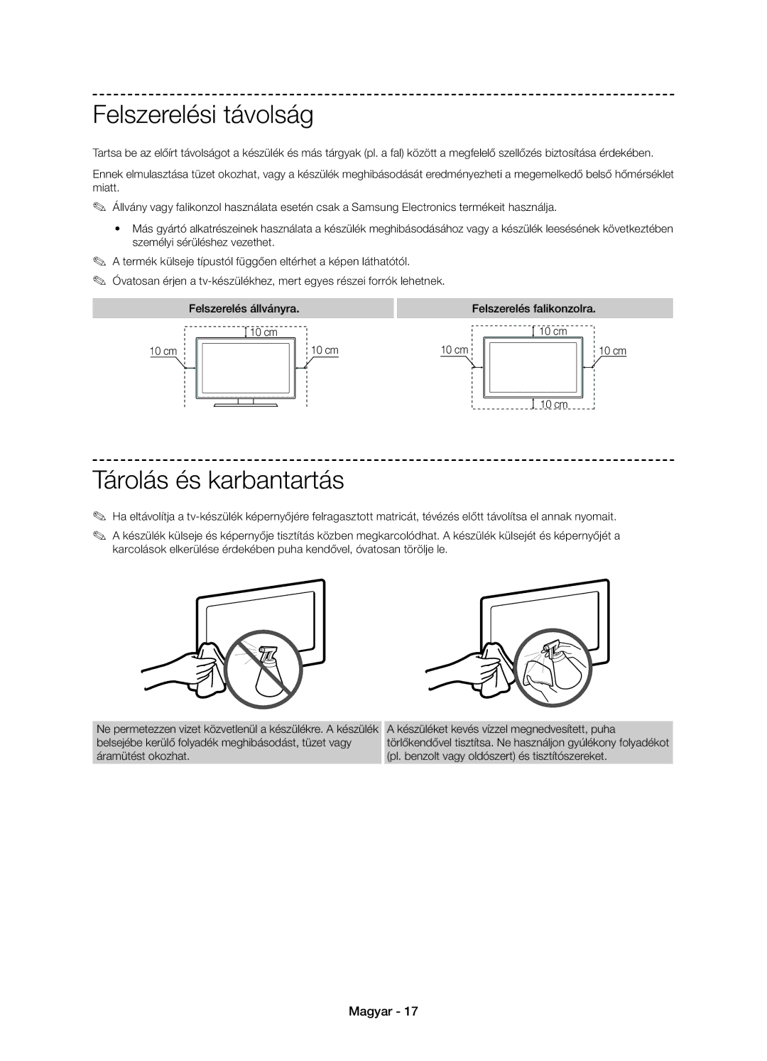 Samsung UE58J5002AKXXH, UE58J5000AWXXH, UE58J5000AWXZF manual Felszerelési távolság, Tárolás és karbantartás 