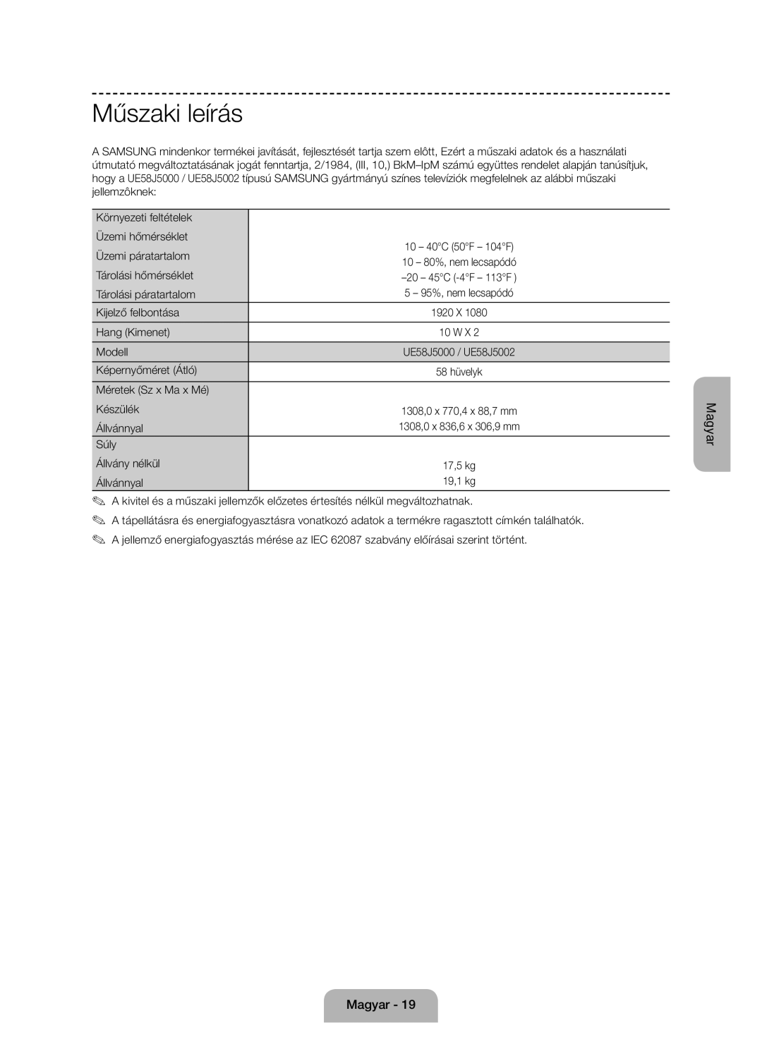 Samsung UE58J5000AWXZF, UE58J5000AWXXH, UE58J5002AKXXH manual Műszaki leírás 