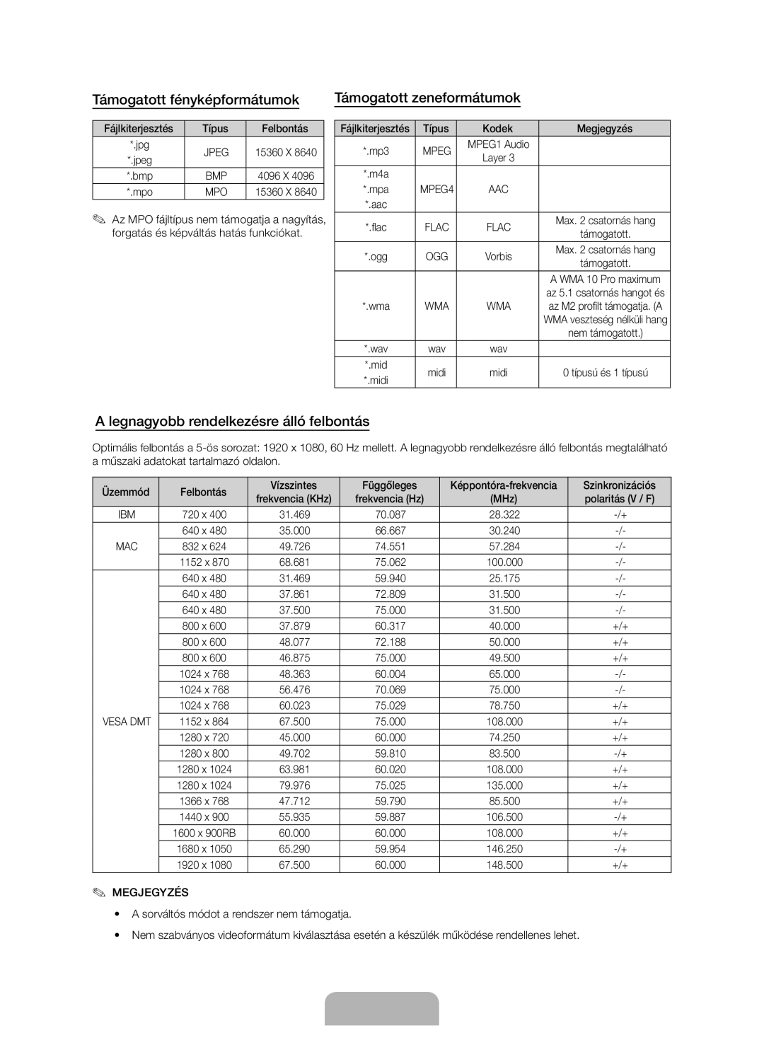 Samsung UE58J5000AWXXH Támogatott fényképformátumok Támogatott zeneformátumok, Legnagyobb rendelkezésre álló felbontás 