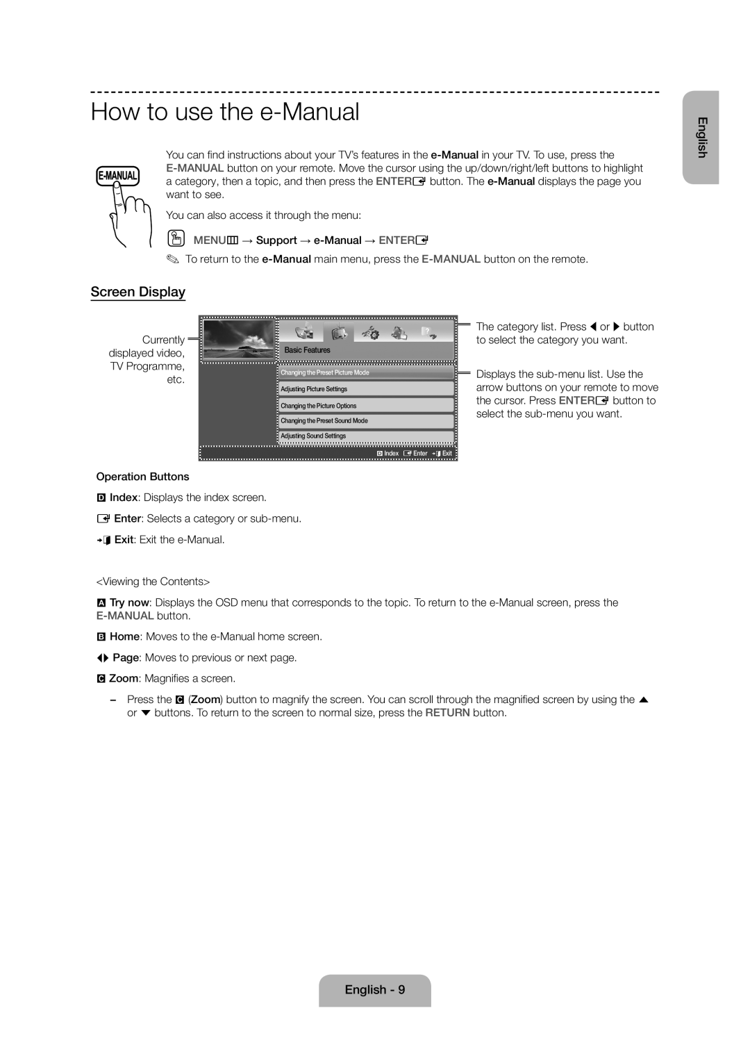 Samsung UE58J5000AWXXH manual How to use the e-Manual, Screen Display, Currently displayed video, TV Programme, etc 