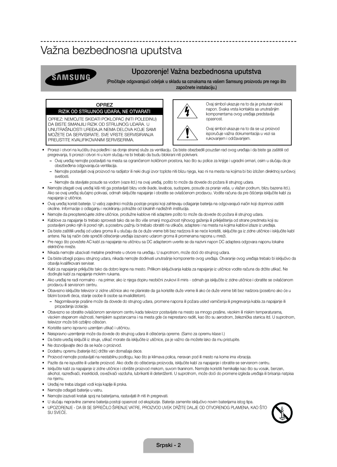 Samsung UE58J5000AWXXH, UE58J5000AWXZF, UE58J5002AKXXH manual Važna bezbednosna uputstva, Srpski 