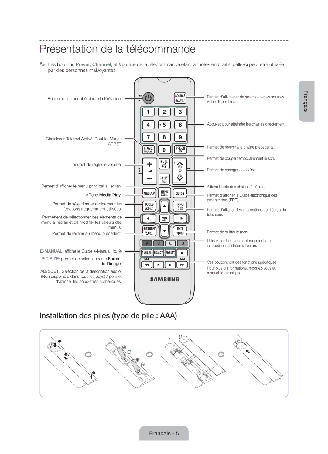 Samsung UE58J5000AWXZF manual Présentation de la télécommande, Arret 