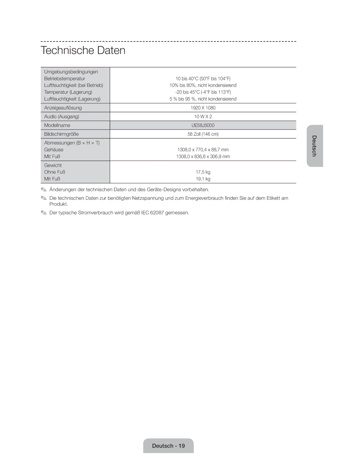 Samsung UE58J5000AWXZF manual Technische Daten 