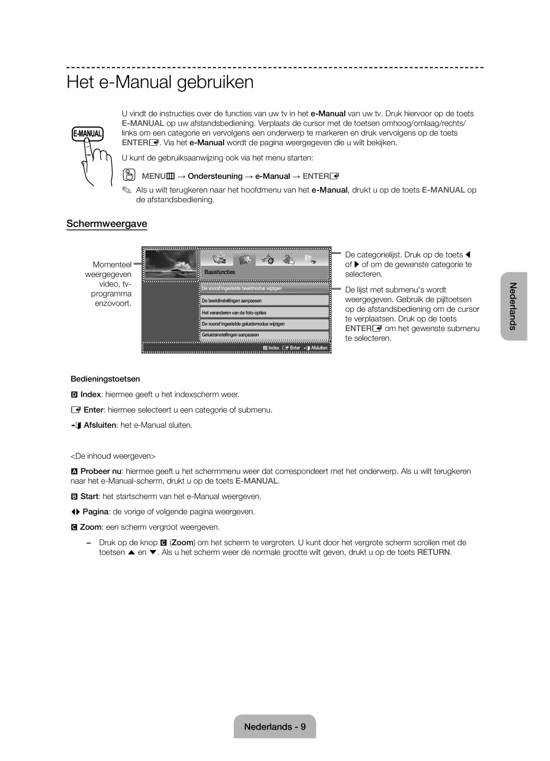 Samsung UE58J5000AWXZF manual Het e-Manual gebruiken, Schermweergave, Bedieningstoetsen 